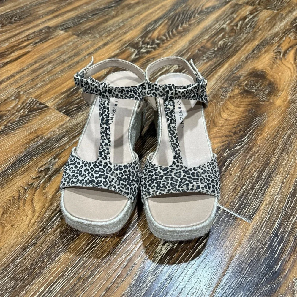 Lucky Brand Valki Leopard Print Espadrille Wedge Sandals Tan Black 8.5M LK-VALKI